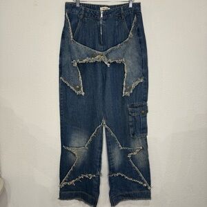 Kenvibe Star Patch Jeans Distressed Wide Leg Cargo Y2K Grunge Women’s Size Large